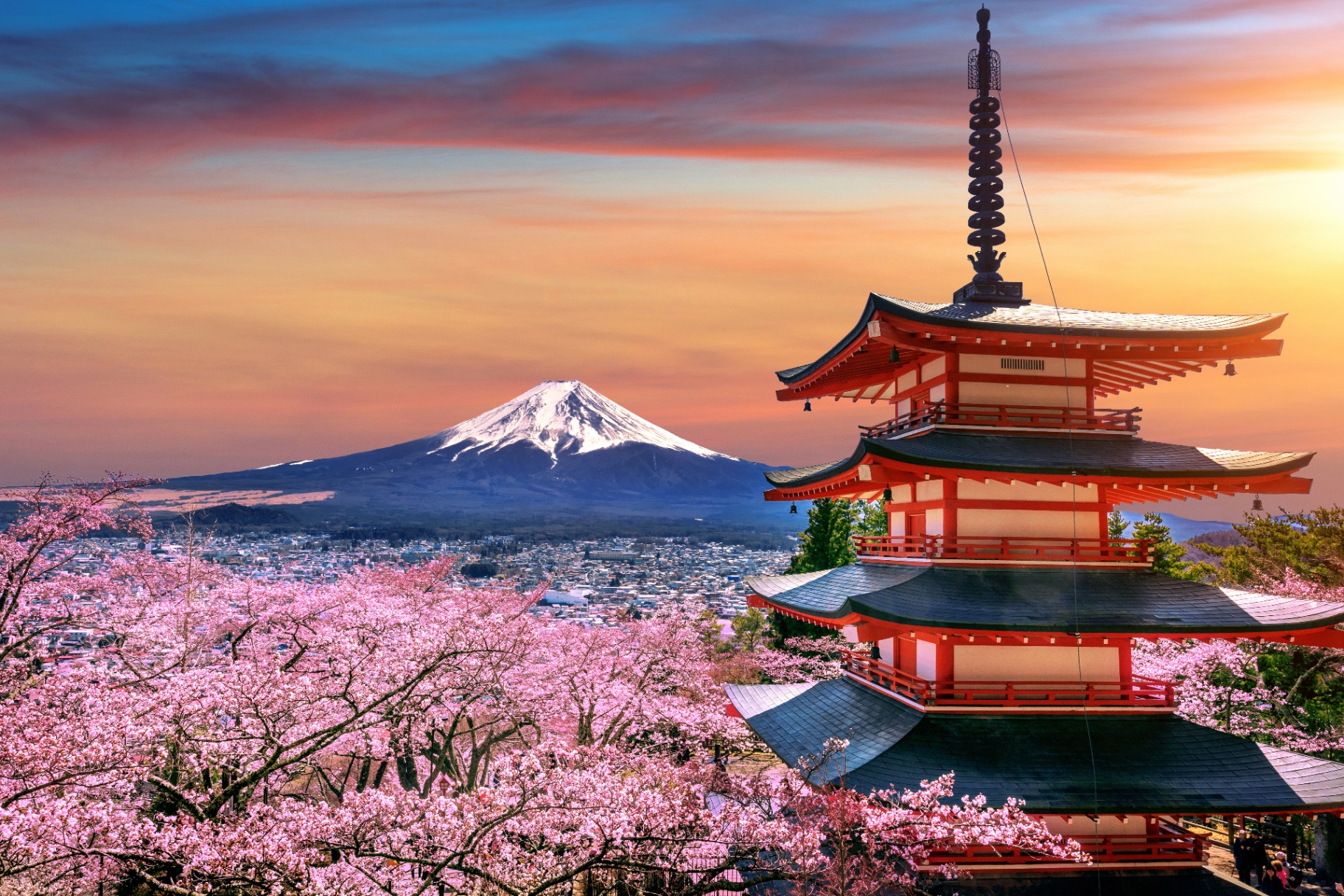 Pagode Chureito com Monte Fuji ao pôr do sol e cerejeiras em flor